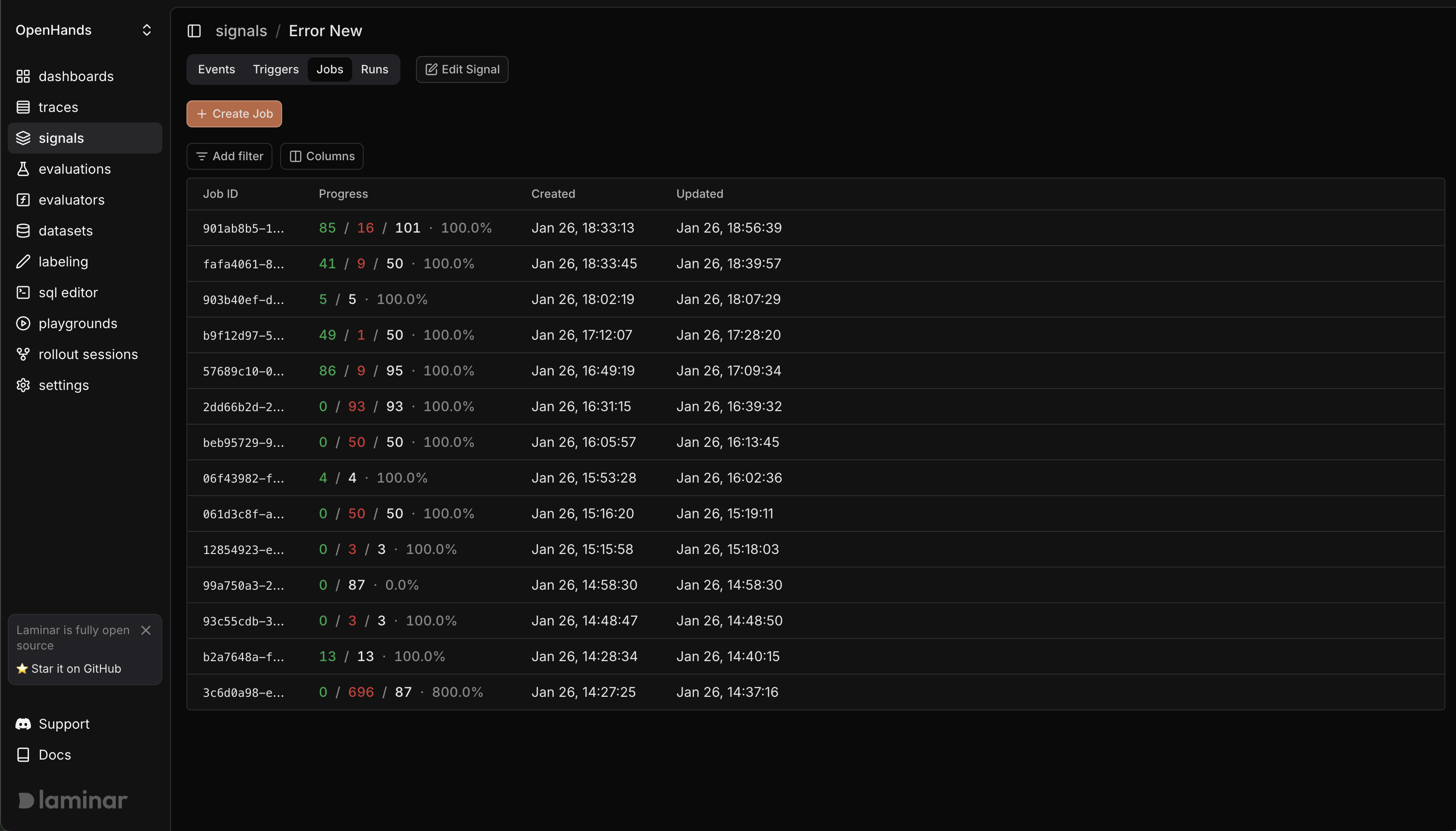 Signal jobs showing backfill progress
